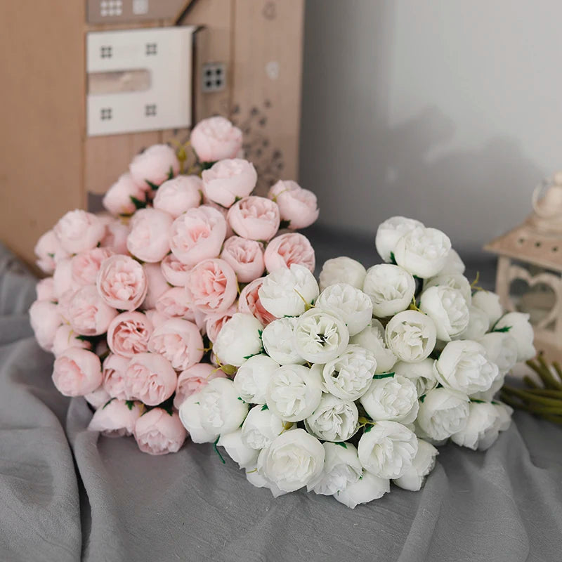 Bouquet de 27 roses roses et pivoines artificielles en soie