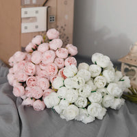 Bouquet de 27 roses roses et pivoines artificielles en soie