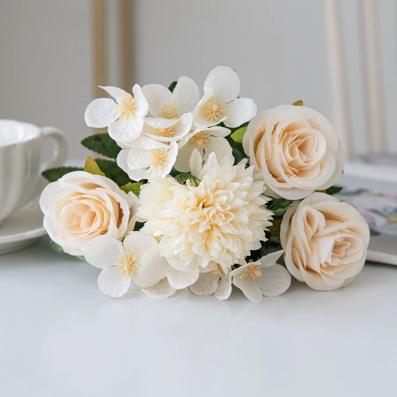 Fleurs artificielles roses et chrysanthèmes en soie