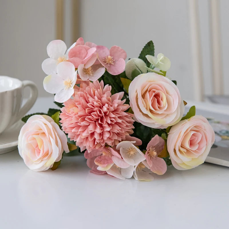Fleurs artificielles roses et chrysanthèmes en soie