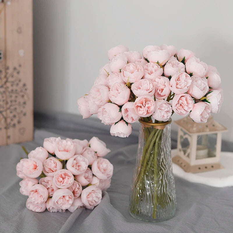 Bouquet de 27 roses roses et pivoines artificielles en soie