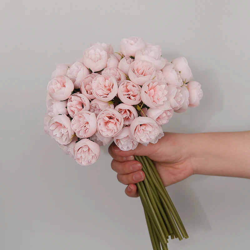 Bouquet de 27 roses roses et pivoines artificielles en soie