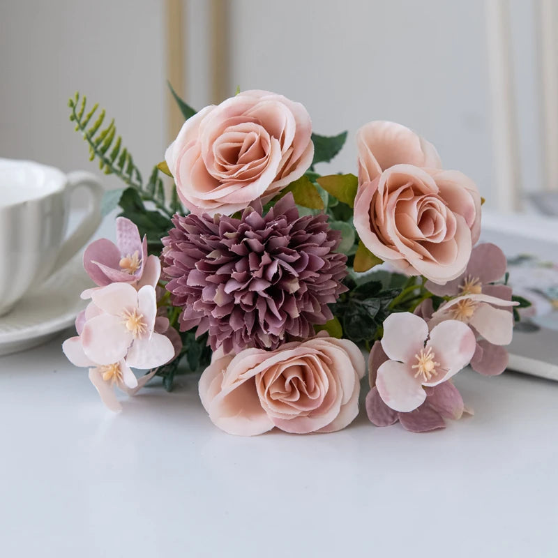 Fleurs artificielles roses et chrysanthèmes en soie