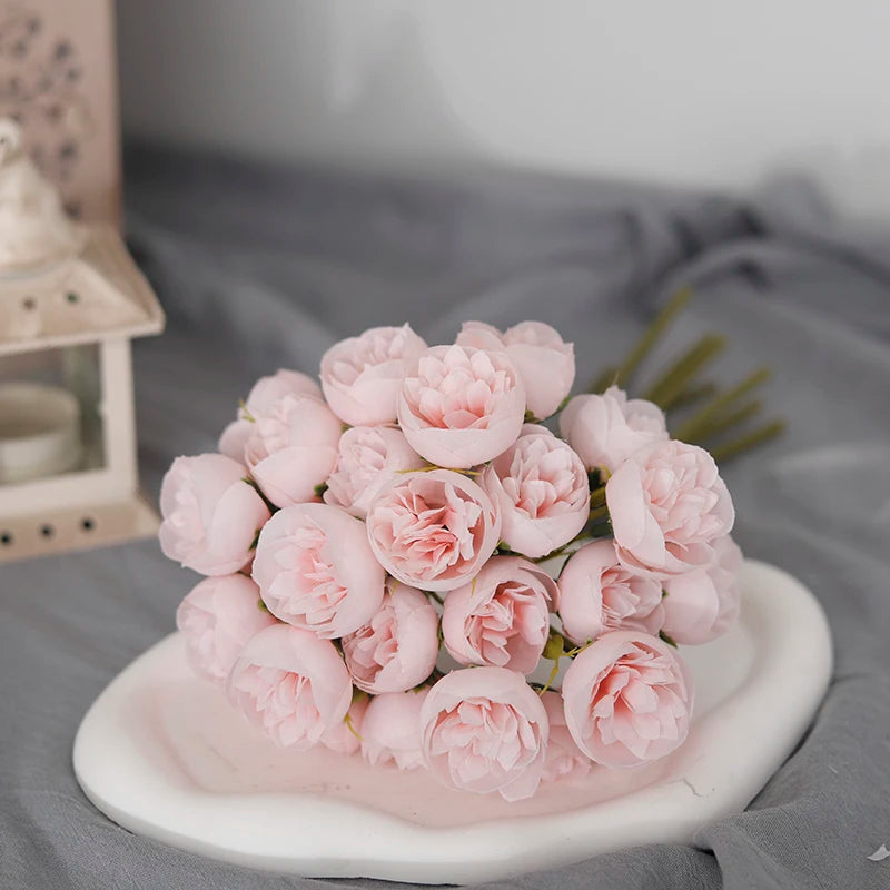 Bouquet de 27 roses roses et pivoines artificielles en soie