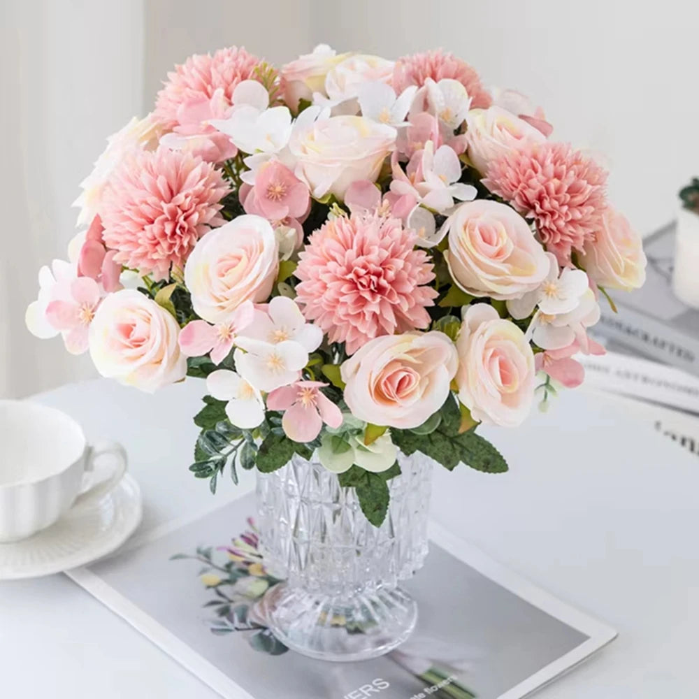 Fleurs artificielles roses et chrysanthèmes en soie