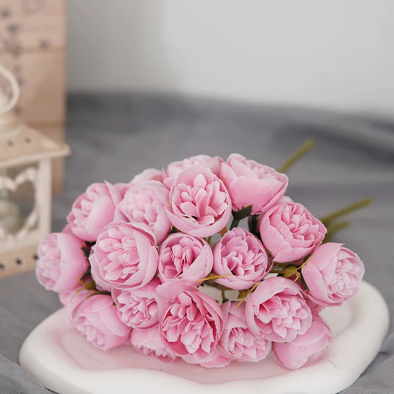Bouquet de 27 roses roses et pivoines artificielles en soie