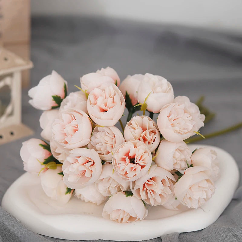 Bouquet de 27 roses roses et pivoines artificielles en soie