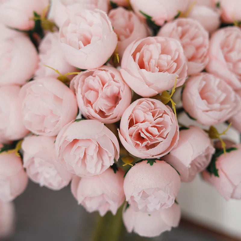 Bouquet de 27 roses roses et pivoines artificielles en soie
