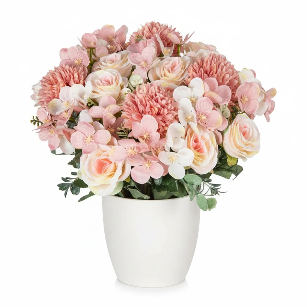Fleurs artificielles roses et chrysanthèmes en soie