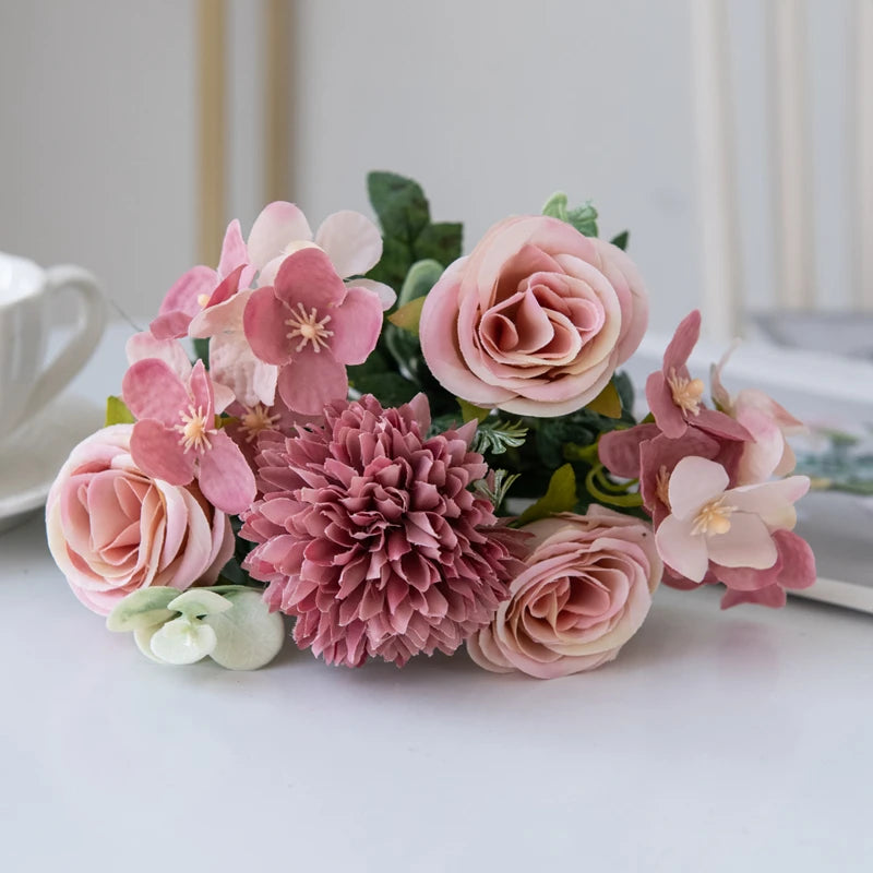 Fleurs artificielles roses et chrysanthèmes en soie